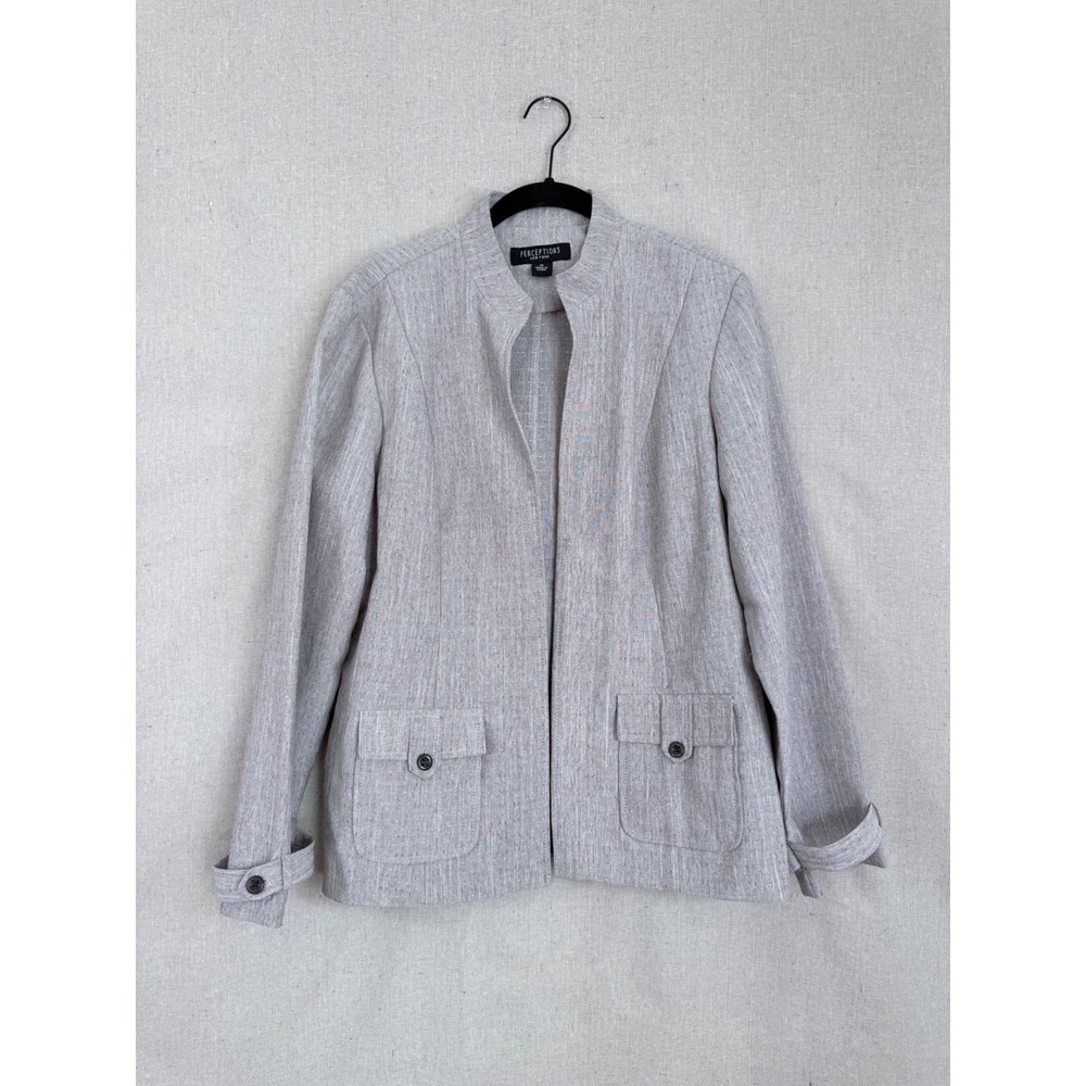 Perceptions New York Womens Gray Textured Open Front Blazer Jacket Size 14
